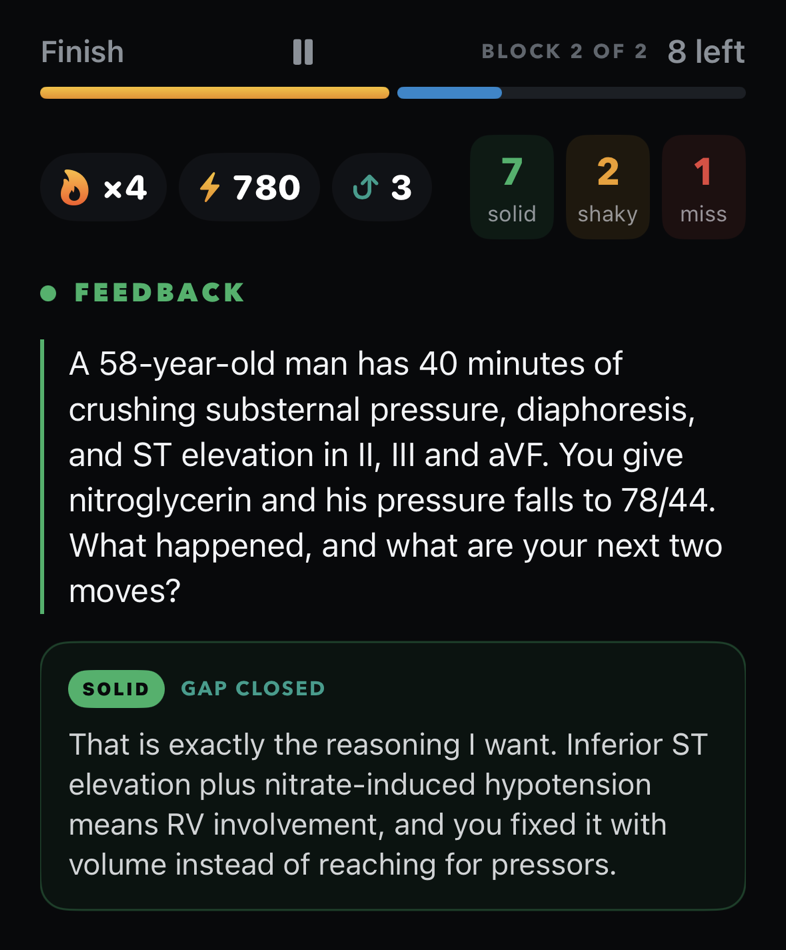 The PMPR session screen: a cardiology vignette, graded SOLID, with the feedback explaining why nitrate-induced hypotension points to right-ventricular involvement.